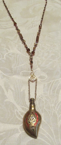 Chatelaine Perfume Bottle Necklace Vintage Gold Enamel One Of A Kind Beaded Necklace
