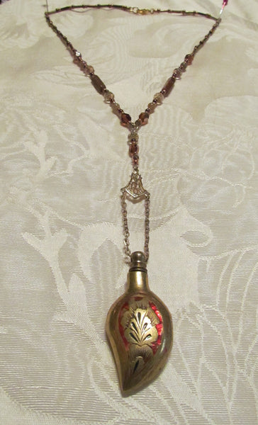 Chatelaine Perfume Bottle Necklace Vintage Gold Enamel One Of A Kind Beaded Necklace