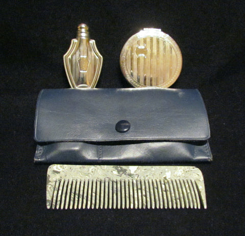 1910s Nickel Silver Compact Set Perfume Bottle Powder Compact Bakelite Comb Leather Purse Unused Extremely Rare
