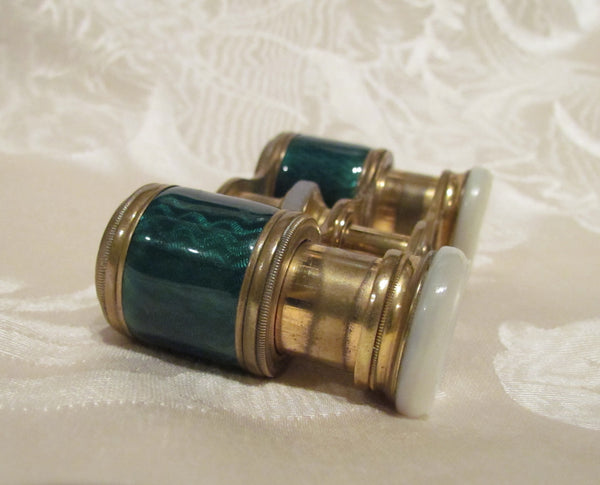 Antique Green Guilloche Opera Glasses 1800s Theater Glasses Enamel Binoculars With A French Silk Purse