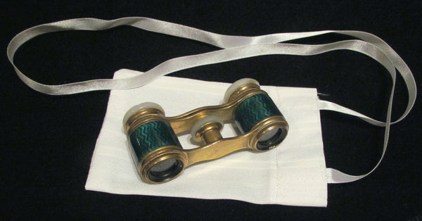 Antique Green Guilloche Opera Glasses 1800s Theater Glasses Enamel Binoculars With A French Silk Purse