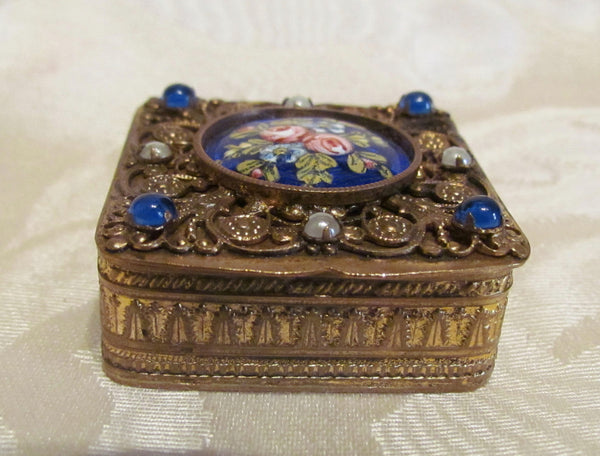 French Gold Filigree Compact Guilloche Enamel White Pearls Blue Stones Antique Powder Box 1800's RARE
