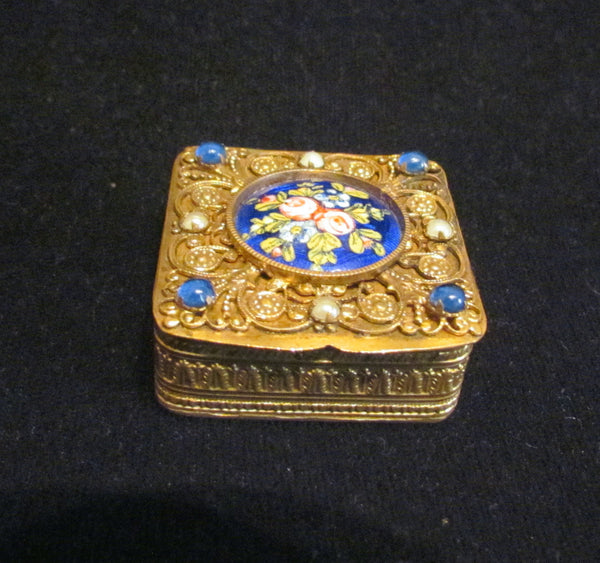 French Gold Filigree Compact Guilloche Enamel White Pearls Blue Stones Antique Powder Box 1800's RARE