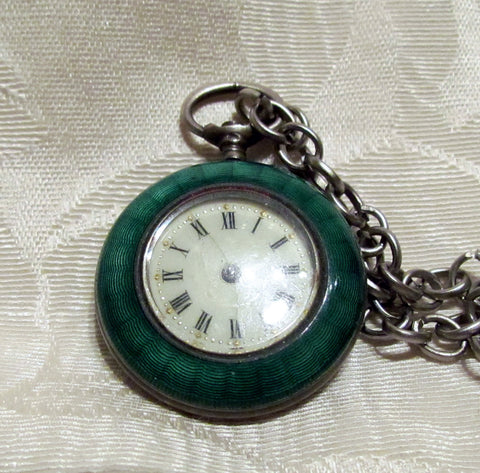 Steampunk Green Guilloche Watch Fob Art Deco Pendant Necklace Non Working Watch