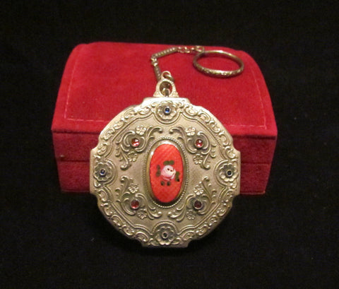 Victorian Silver Compact Purse Red Guilloche Blue And Red Stones Finger Ring Evans May Fair RARE