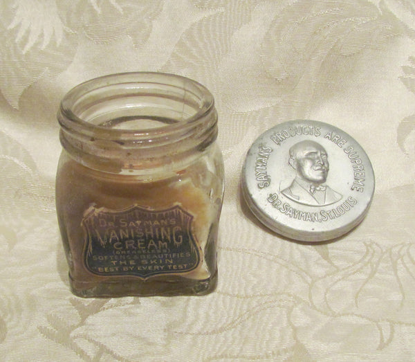 Dr Saymans Vanishing Cream Jar Glass Bottle Embossed Metal Lid Circa 1910's