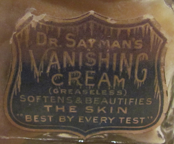 Dr Saymans Vanishing Cream Jar Glass Bottle Embossed Metal Lid Circa 1910's