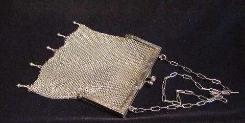 Antique German Silver Purse ChainMail Purse Victorian Mesh Bag Pink Cabochon Clasp