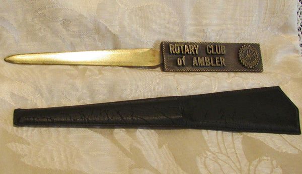 1930s Rotary Club Letter Opener Ambler Pennsylvania Brass With Leather Sleeve