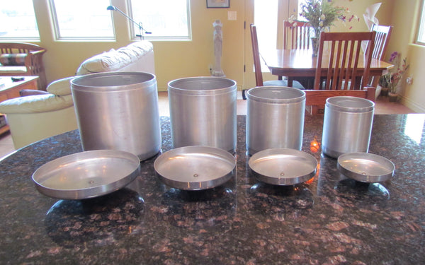 1950s Aluminum Canister Set Mid Century Kitchen Storage Containers Flour, Sugar, Coffee, Tea