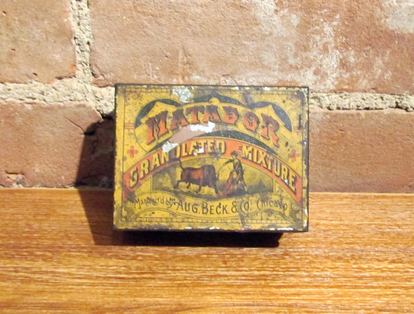 Matador Tobacco Tin Antique Advertising Square Corner Metal Box