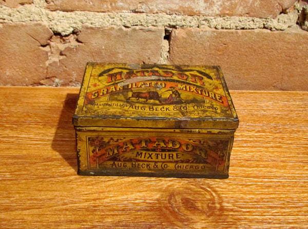 Matador Tobacco Tin Antique Advertising Square Corner Metal Box