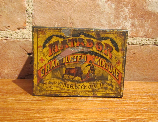 Matador Tobacco Tin Antique Advertising Square Corner Metal Box