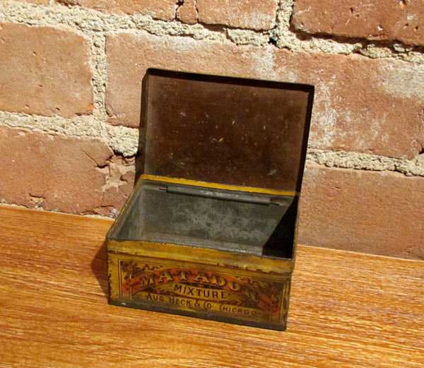 Matador Tobacco Tin Antique Advertising Square Corner Metal Box