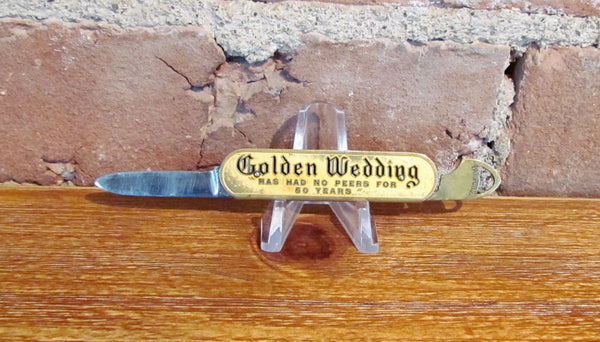 Antique Golden Wedding Pocket Knife Whisky Advertising Push Pull
