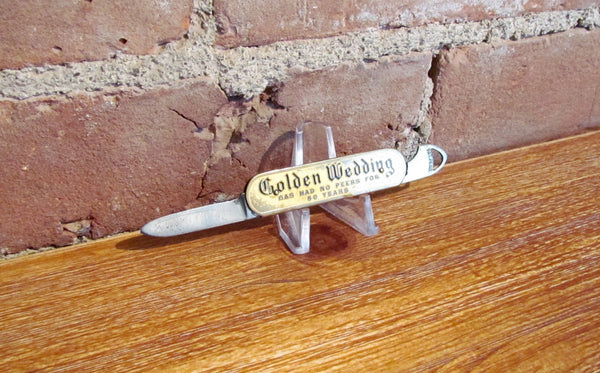 Antique Golden Wedding Pocket Knife Whisky Advertising Push Pull