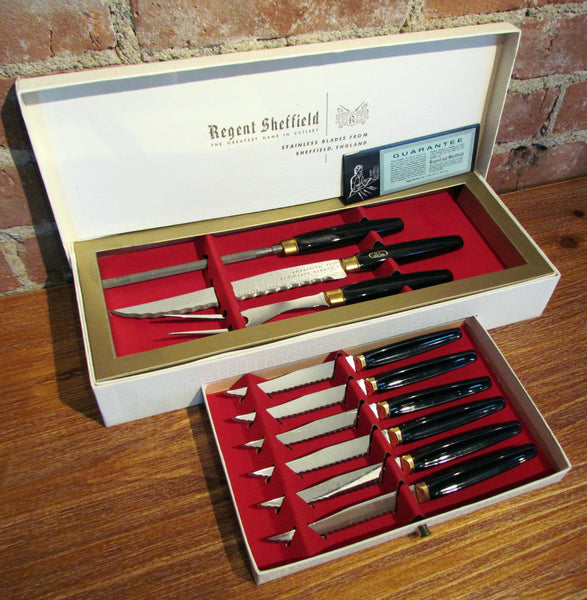 Vintage Regent Sheffield Cutlery Set Mid Century Steak Knifes Boxed Complete
