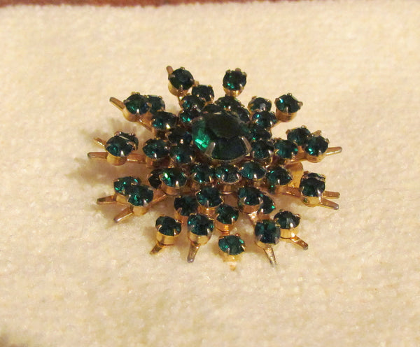 1950's Emerald Rhinestone Gold Pin Mid Century Brooch