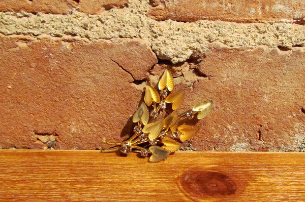 1950's Rhinestone & Gold Leaves Brooch Pin