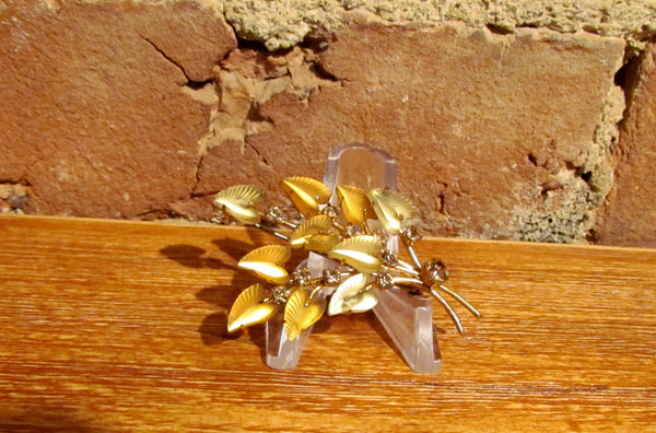 1950's Rhinestone & Gold Leaves Brooch Pin