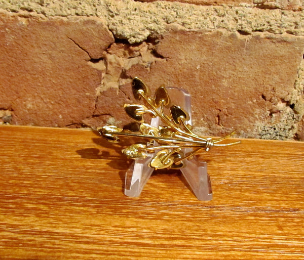 1950's Rhinestone & Gold Leaves Brooch Pin