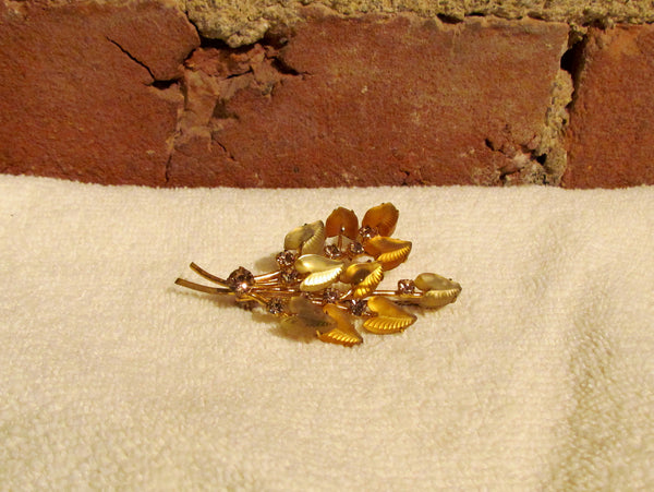 1950's Rhinestone & Gold Leaves Brooch Pin