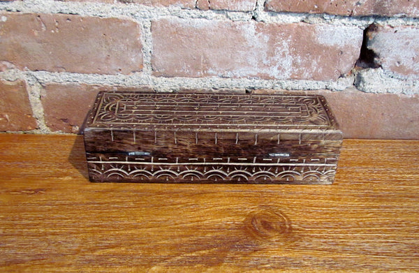 Hand Carved Wooden Pencil Box Trinket Holder