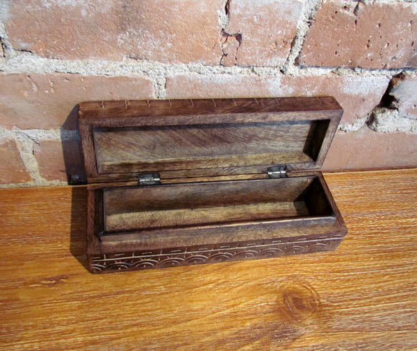 Hand Carved Wooden Pencil Box Trinket Holder