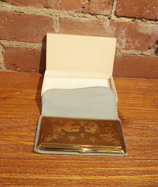 1950's Gold Cigarette Case Business Card Holder Unused Lions & Fleur De Lis