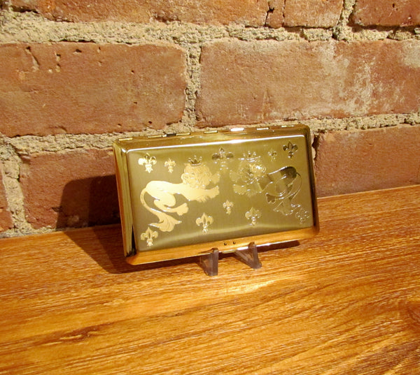 1950's Gold Cigarette Case Business Card Holder Unused Lions & Fleur De Lis