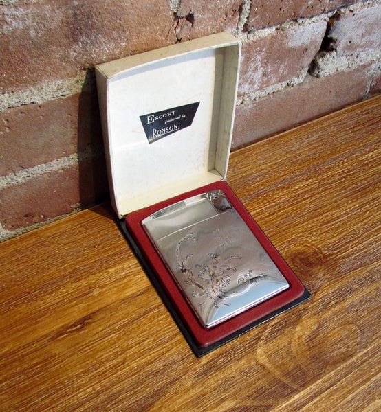 1960's Ronson Escort Silver Cigarette Case Lighter In Original Box