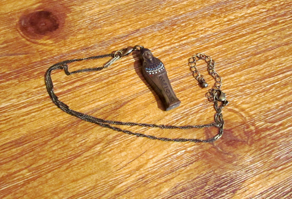 Egyptian Sarcophagus Pocket Knife w/Scissors Enameled Pendant Necklace Germany Solingen