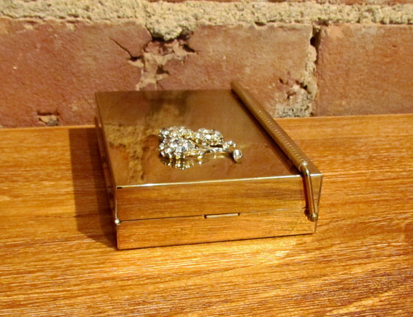 Volupte Purse & Cigarette Case 1950's Lip Lock Gold Rhinestone Moire Purse