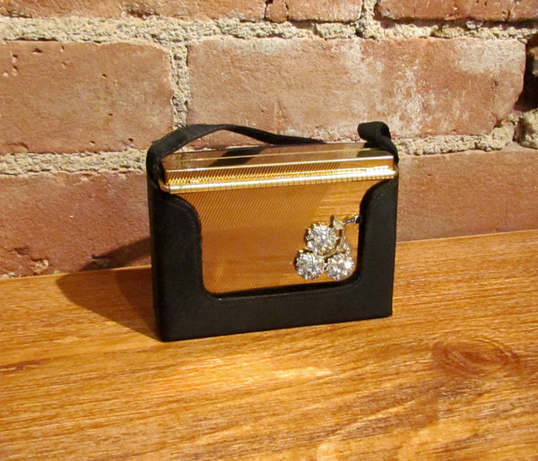 Volupte Purse & Cigarette Case 1950's Lip Lock Gold Rhinestone Moire Purse
