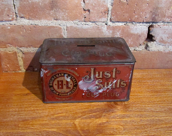 Antique Just Suits Cut Plug Smoking Chewing Tobacco Tin Advertising Metal Bank Box