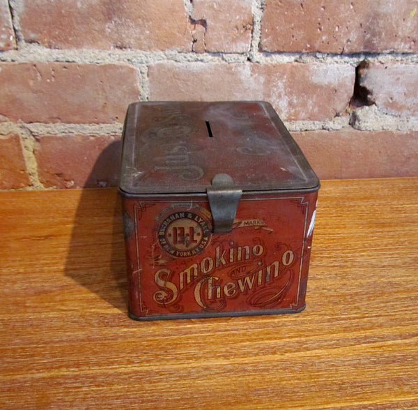 Antique Just Suits Cut Plug Smoking Chewing Tobacco Tin Advertising Metal Bank Box