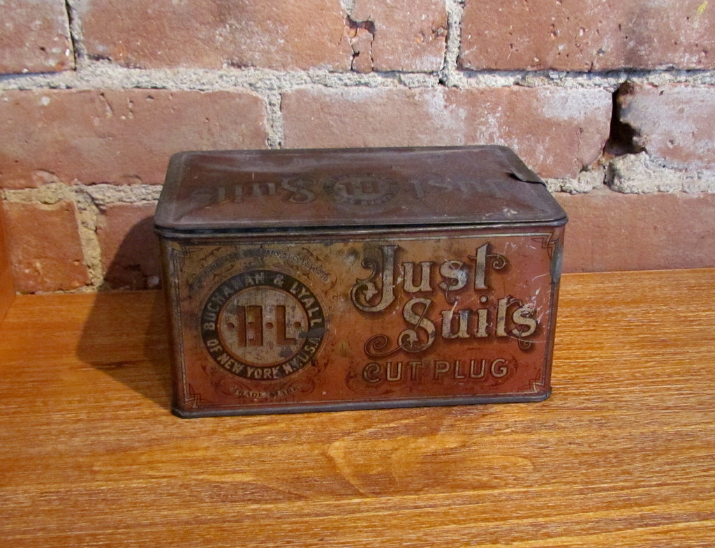 Antique Just Suits Cut Plug Smoking Chewing Tobacco Tin Advertising Metal Bank Box