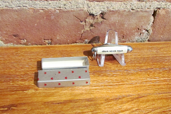 Jesus Never Fails Cracked Ice Celluloid Pocket Knife Fob Vintage NIB