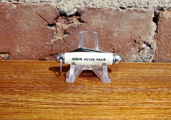 Jesus Never Fails Cracked Ice Celluloid Pocket Knife Fob Vintage NIB