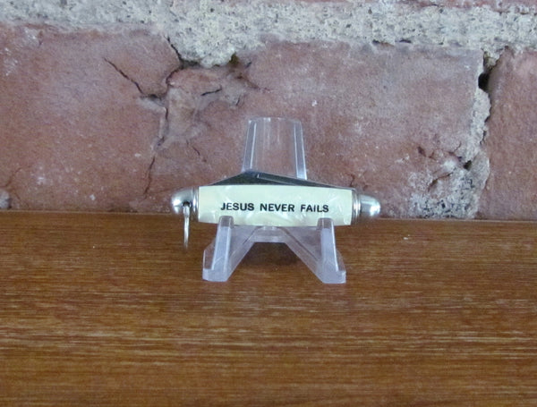 Jesus Never Fails Cracked Ice Celluloid Pocket Knife Fob Vintage NIB