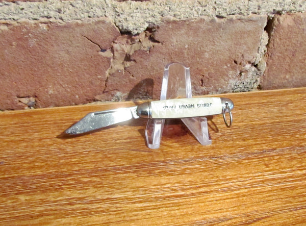 Jesus Never Fails Cracked Ice Celluloid Pocket Knife Fob Vintage NIB