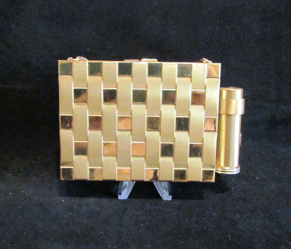 1950s Gold Basket Weave Compact Purse With Lipstick
