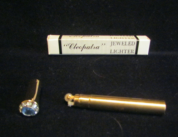Gold Rhinestone Lighter Ladies Lipstick Lighter Vintage Cleopatra Jeweled Tube Lighter In Original Box