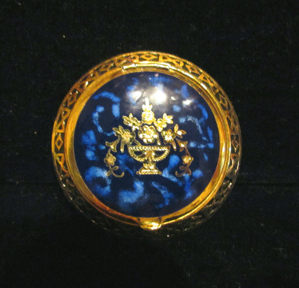 1930s Blue Guilloche Compact Gold Gilt Powder Rouge Mirror Compact Unused Excellent Condition