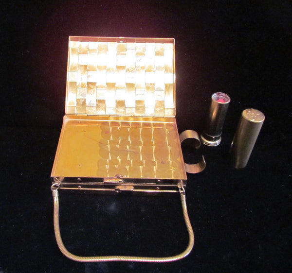 1950s Gold Basket Weave Compact Purse With Lipstick