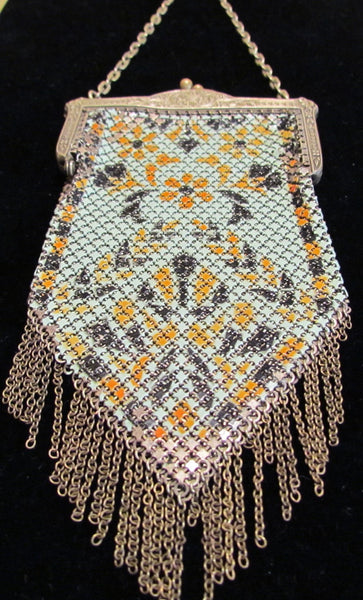 Art Deco Mandalian Enamel Mesh Purse 1920's Flapper Evening Bag MANDALIAN Mfg Co