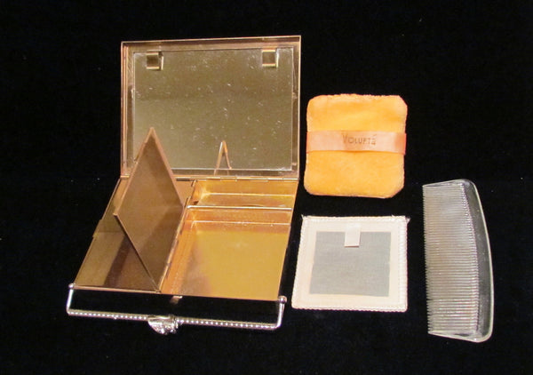1950s Volupte Gold Rhinestone Compact Purse Black Moire Case Unused In Original Box