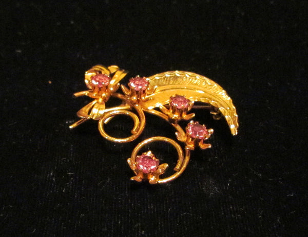 Pink Rhinestone Pin Vintage Brooch Gold Leaf & Flower Design