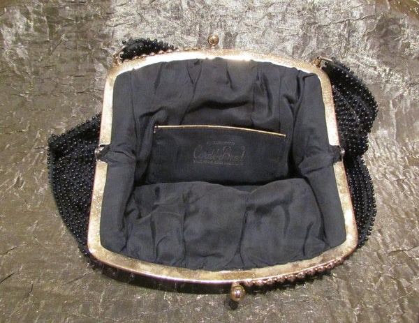 Vintage Black Beaded Purse 1930s Lumured Corde-Bead Handbag Art Deco