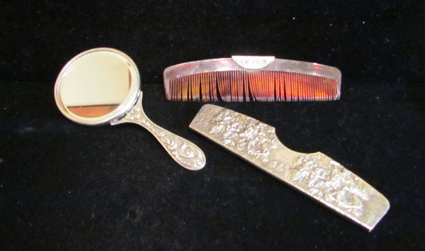 Vintage Hans Jensen Comb & Mirror Set Silverplated 1940's Vanity Set Denmark